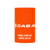 An orange stubby holder with a logo, designed for drinkware.