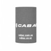A grey stubby holder featuring a logo, ideal for keeping drinks insulated.