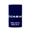 A navy blue stubby holder featuring a logo and website details on a plain background.