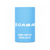 A drink bottle stubby holder in light blue with a logo. Ideal for keeping drinks insulated.