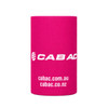 A pink stubby holder featuring a logo, designed to fit standard drink bottles.