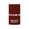 A maroon stubby holder with a base featuring a logo. Ideal for keeping drinks cool.