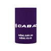 A purple stubby holder with a logo, designed to fit standard drink bottles.