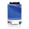 A drink can holder in blue with a branded logo, featuring a marine design.