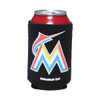 A black foldable stubby holder designed for a can, featuring a logo with vibrant colours.