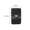 A foldable black stubby holder featuring a logo, measuring 70mm in width and 110mm in height.
