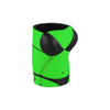 A drink bottle holder featuring a bright green design with black accents resembling a bikini top. Includes a logo.