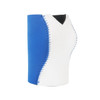 A drink bottle stubby holder in blue and white, featuring a v-shaped design and visible stitching, with branding.