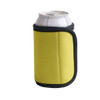A drink bottle wrapped in a yellow and grey Velcro stubby holder. The holder features a logo on it.