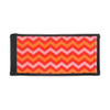 A drink bottle holder featuring a vibrant orange and pink chevron pattern, with a black trim and a logo.