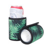 A drink bottle holder in green with a palm leaf pattern, featuring a Velcro wrap design. It holds a can inside.
