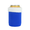 A drink bottle holder in blue with a white fleece top, featuring a logo.