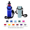A drink bottle cooler in blue and a patterned cooler, both with straps and featuring logos.