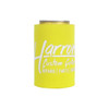 A drink bottle holder in bright yellow with a branding logo, designed to keep cans insulated.