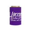 A purple stubby holder designed for drink cans, featuring a logo and text.