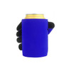 A drink bottle holder in vibrant blue, designed to fit snugly around a can, featuring a hand-shaped grip.