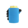 A drink bottle holder in blue, designed to fit cans, featuring a black hand-shaped grip.