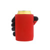 A red stubby holder with a black hand design, holding a can of drink. It features a logo on the holder.