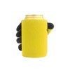 A yellow stubby holder shaped like a hand, designed to fit around a drink can. It has a logo on it.