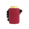 A stubby holder in red with black accents, designed to fit a drink can snugly.