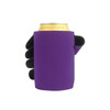 A purple stubby holder designed to fit a drink can, featuring a hand-shaped grip.