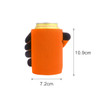 An orange stubby holder designed to fit a drink can, featuring a hand-shaped grip and a branding logo.