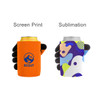 A drink holder featuring an orange design with a logo and a multi-coloured, patterned design. It accommodates beverage cans.