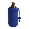 A drink bottle holder in bright blue neoprene, featuring a drawstring closure. The holder has subtle stitching and a bottle inside.
