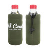 A drink bottle holder in olive green with a logo and a secure toggle for adjustable fit.