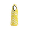 A drink bottle cooler in bright yellow with white polka dots, featuring a cut-out handle and a fitted design.