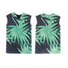 A drink bottle cooler featuring a green tropical leaf design with a sleeveless shape and a black interior.