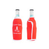 A drink bottle cooler in red with a white trim and a logo, designed for standard beverage bottles.