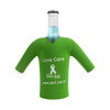 A drink bottle in a green cricket jersey cooler. The cooler features short sleeves and has a logo.