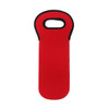 A drink bottle cooler in bright red with a handle, featuring a black border and a branding logo.
