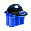A drink bottle cooler in blue, designed to hold six bottles, featuring carrying handles and a branded logo.