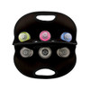 A drink bottle cooler in black holding six bottles in various colours, featuring two carry handles.