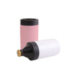 A 14oz stainless steel stubby holder in pink and white, featuring a black top and base, with a logo.