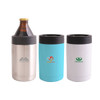 A 14oz stainless steel stubby holder in silver, with two additional coloured holders in blue and white, featuring logos.