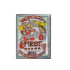 A colourful promotional printed pin featuring a cartoon design with multiple characters, framed in a decorative border.