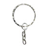 A silver keyring with a textured surface and a small chain attachment.