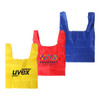 Three reusable foldaway shopping bags in yellow, red, and blue, featuring various logos and branding.