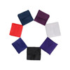 A circular arrangement of reusable foldaway shopping bags in navy, red, purple, black, and white. Each bag is folded neatly.