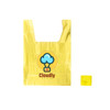 A yellow reusable foldaway shopping bag with a logo and a compact folded version beside it.