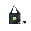 A black foldaway shopping bag with a circular logo and a matching pouch for storage.