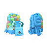A light blue foldable mesh drawstring backpack filled with colourful balls and a small pouch, featuring a logo.