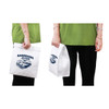 A white Tyvek cooler lunch bag held by a person, featuring a logo on the front.