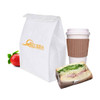 A white bag with a sandwich, a cup of coffee, and a strawberry. The bag features a logo on its surface.