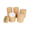 A set of medium paper cylinder boxes in kraft brown, featuring a variety of lid styles and a logo on some boxes.
