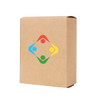 A small square gift box in a natural brown colour, featuring a multi-coloured logo on its front.