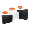 Three foldable magnetic boxes in black and white, sized small, medium, and large. Each box has a logo.